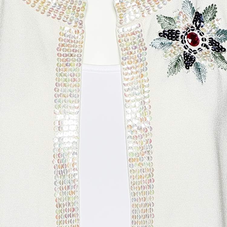 Pre Owned Versace Jeans Couture White Silk Knit Sequin Embellished Open Front Shrug L