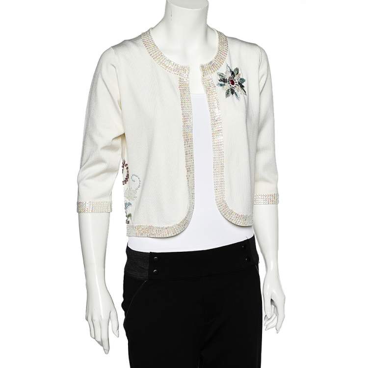 Pre Owned Versace Jeans Couture White Silk Knit Sequin Embellished Open Front Shrug L