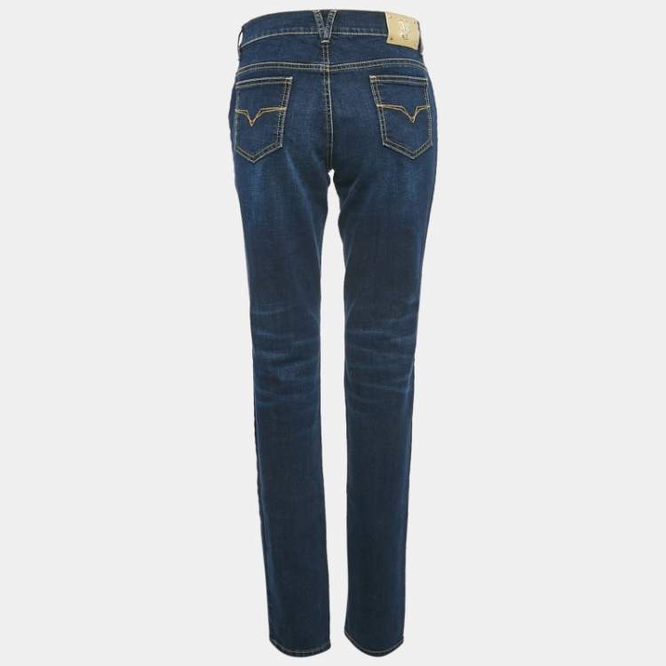 Pre Owned Versace Jeans Navy Blue Studded Denim Skinny Jeans L Waist 33"