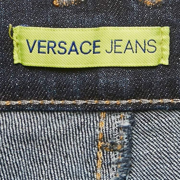 Pre Owned Versace Jeans Navy Blue Studded Denim Skinny Jeans L Waist 33"