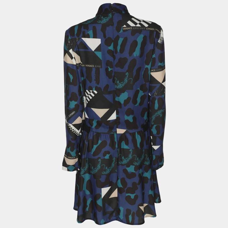 Pre Owned Versace Jeans Multicolor Printed Crepe Longs Sleeve Mini Dress M