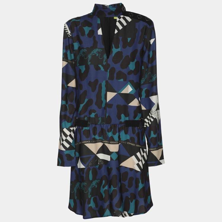 Pre Owned Versace Jeans Multicolor Printed Crepe Longs Sleeve Mini Dress M