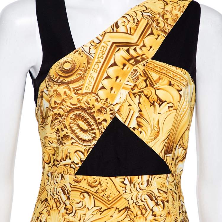 Pre Owned Versace Jeans Gold Printed Crepe Sleeveless Mini Dress S