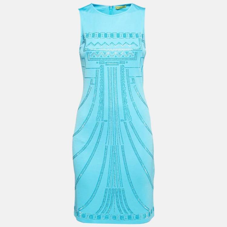 Pre Owned Versace Jeans Blue Stud Embellished Knit Sleeveless Dress M