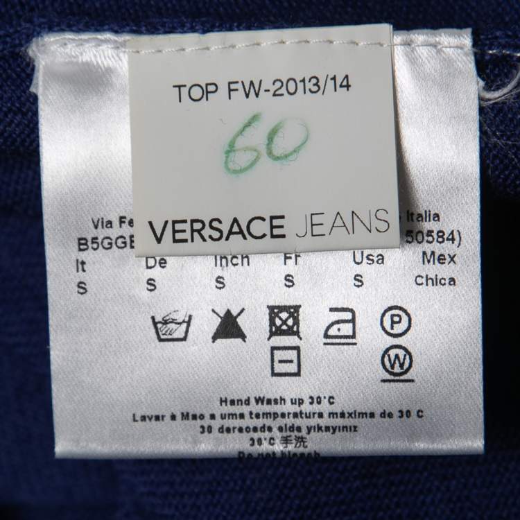 Pre Owned Versace Jeans Blue Wool Logo Embroidered V-Neck Sweater S