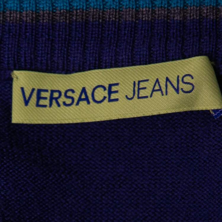 Pre Owned Versace Jeans Blue Wool Logo Embroidered V-Neck Sweater S