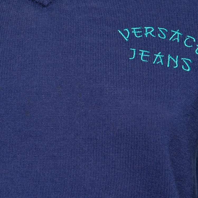 Pre Owned Versace Jeans Blue Wool Logo Embroidered V-Neck Sweater S