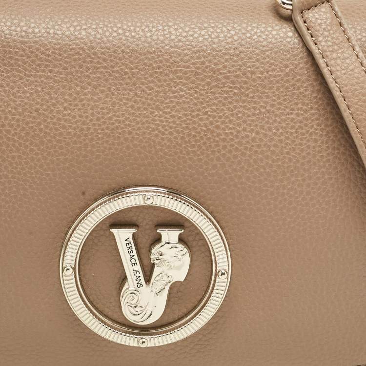 Pre Owned Versace Jeans Brown Leather Logo Flap Shoulder Bag