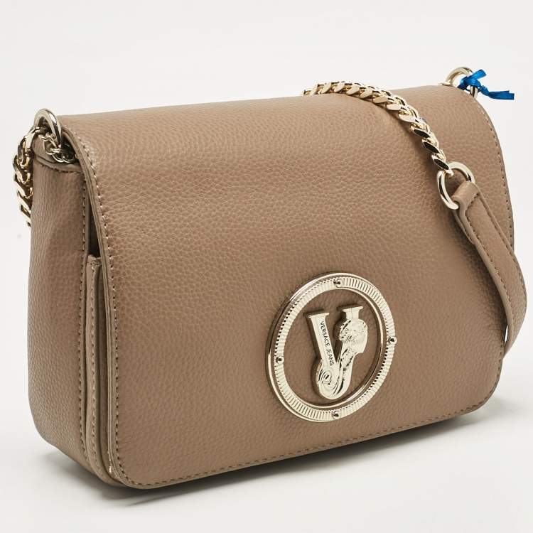 Pre Owned Versace Jeans Brown Leather Logo Flap Shoulder Bag