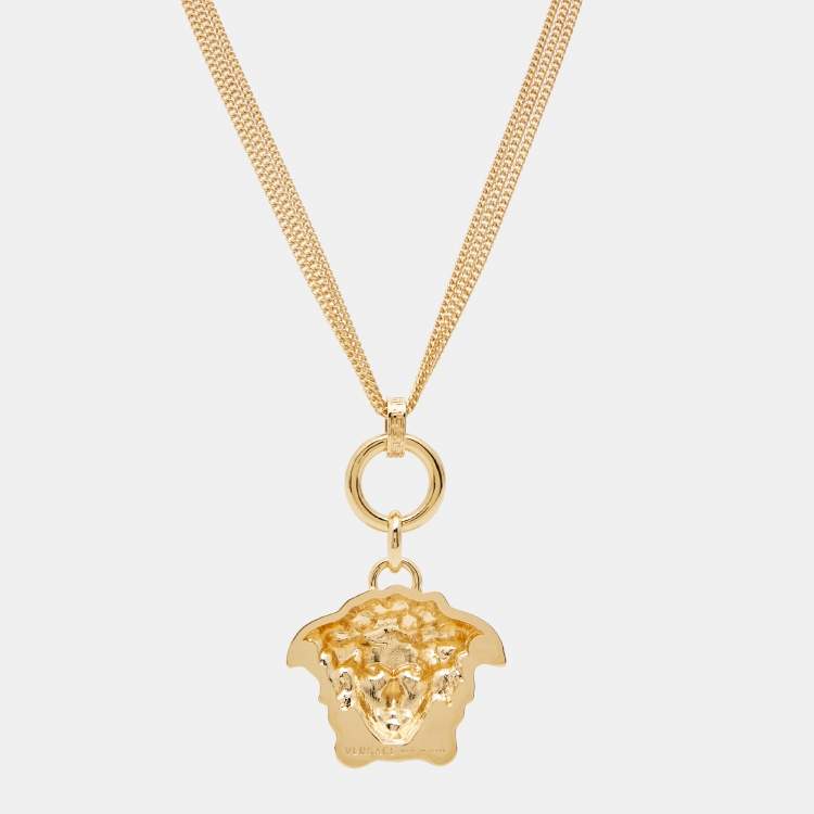 Pre Owned Versace Medusa  Gold Tone Triple Chain Pendant Necklace