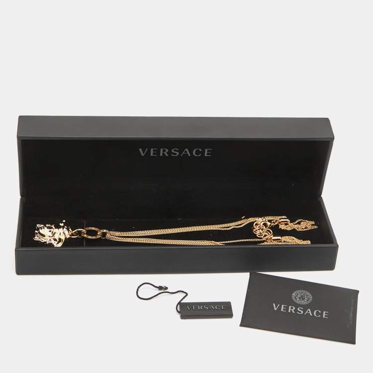 Pre Owned Versace Medusa  Gold Tone Triple Chain Pendant Necklace