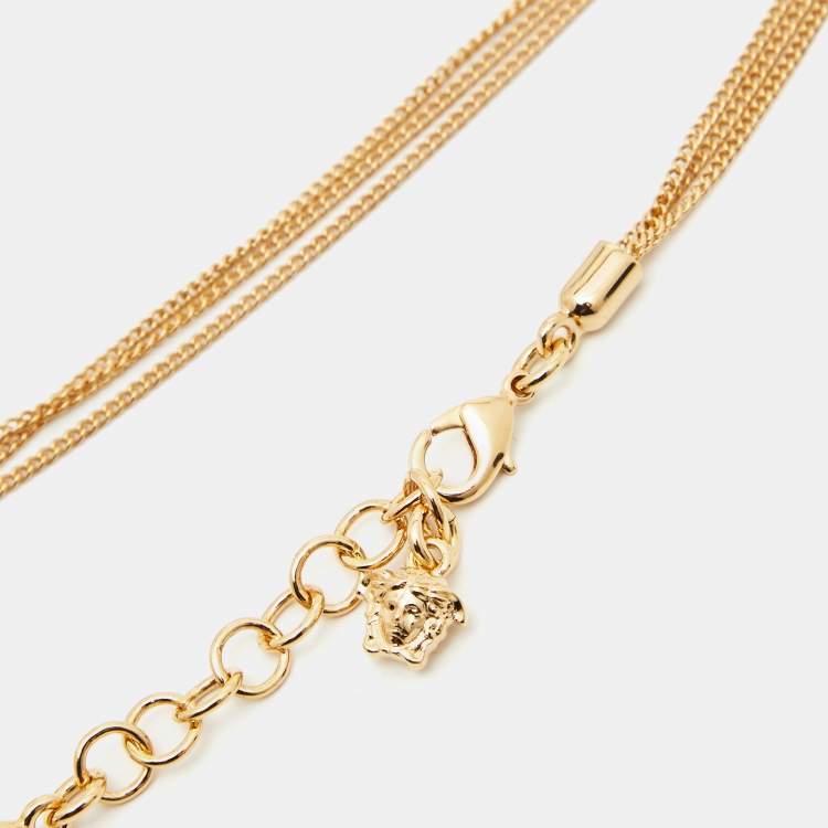 Pre Owned Versace Medusa  Gold Tone Triple Chain Pendant Necklace