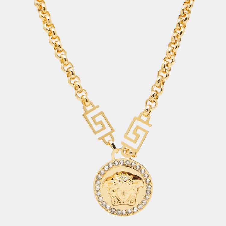 Pre Owned Versace La Medusa Greca  Crystal  Gold Tone Chain Necklace