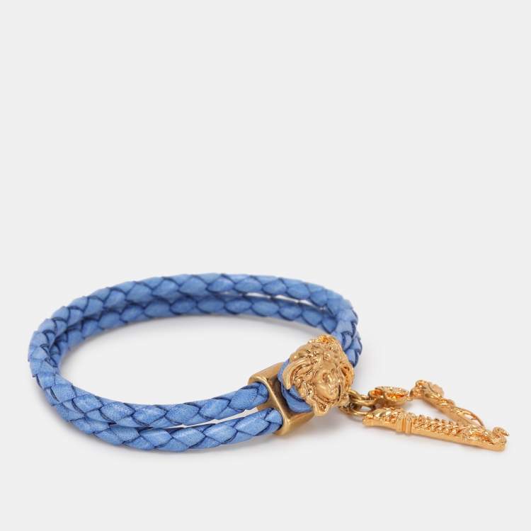 Pre Owned Versace Blue Braided Leather Medusa Bracelet