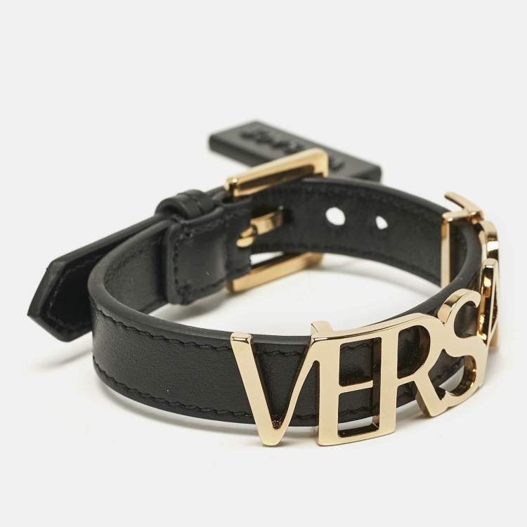 Pre Owned Versace Logo Leather Gold Tone Bracelet