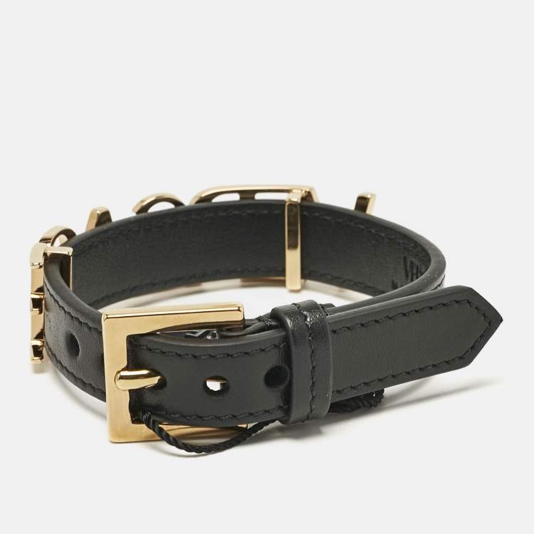 Pre Owned Versace Logo Leather Gold Tone Bracelet