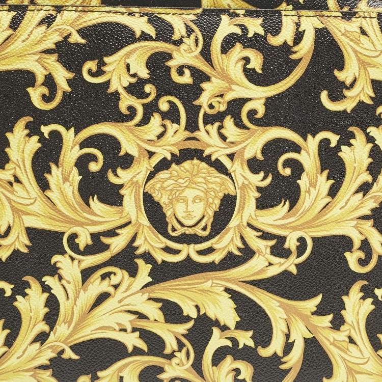 Pre Owned Versace Black/Yellow Leather Baroque Printed Zip Around iPad Case