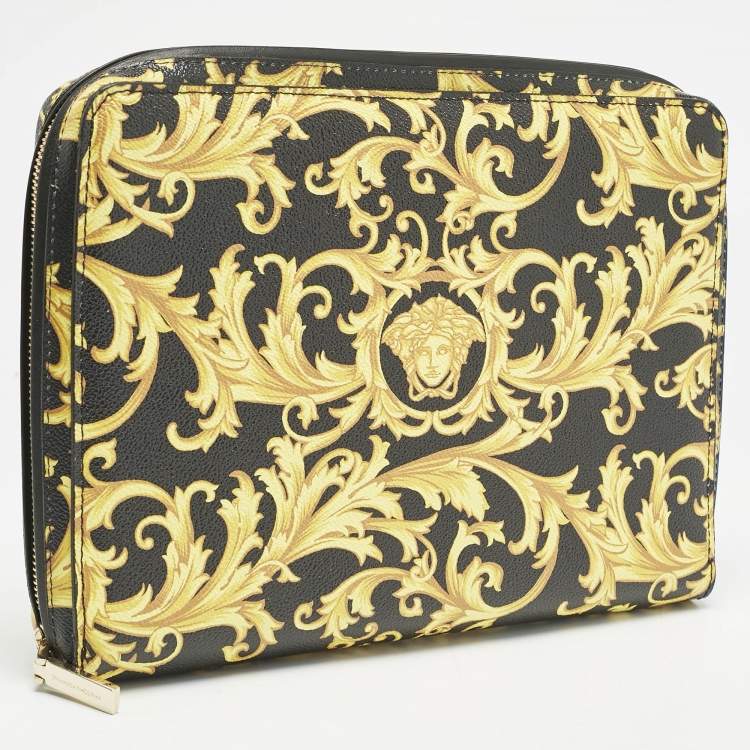 Pre Owned Versace Black/Yellow Leather Baroque Printed Zip Around iPad Case