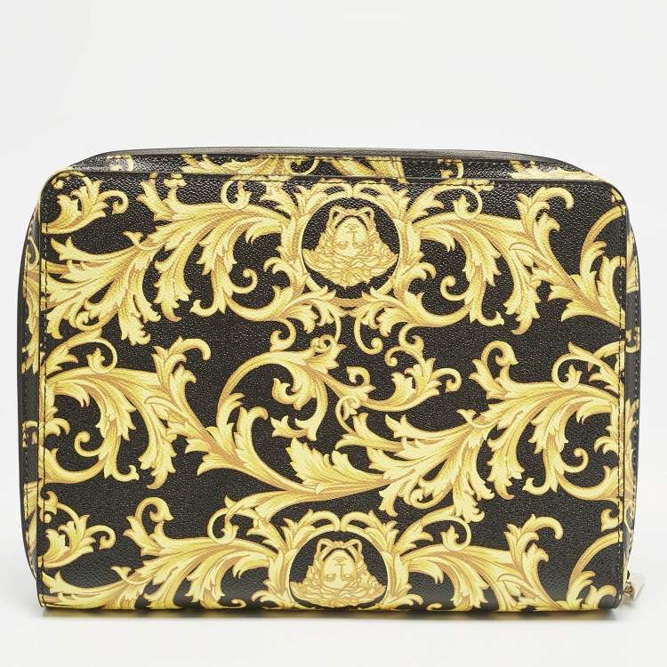Pre Owned Versace Black/Yellow Leather Baroque Printed Zip Around iPad Case