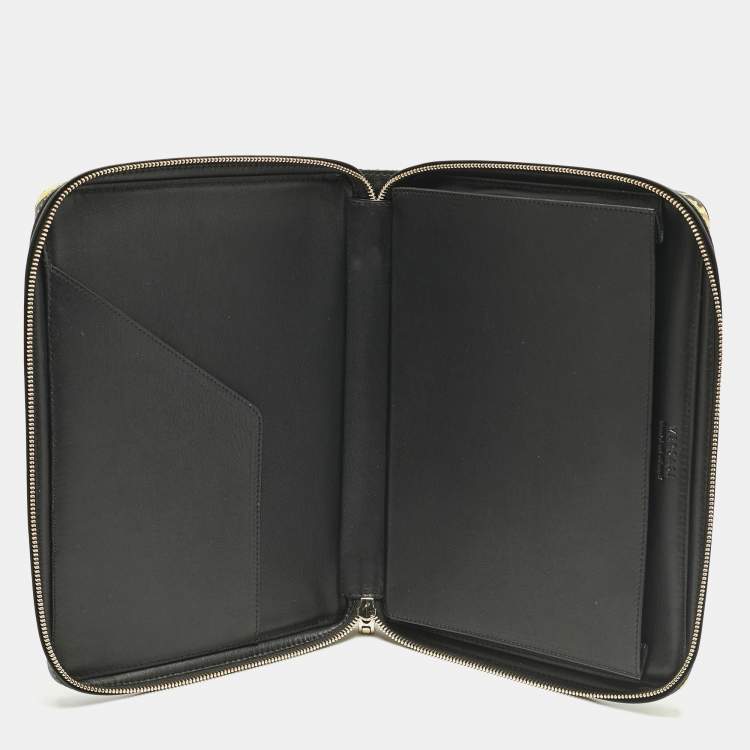 Pre Owned Versace Black/Yellow Leather Baroque Printed Zip Around iPad Case