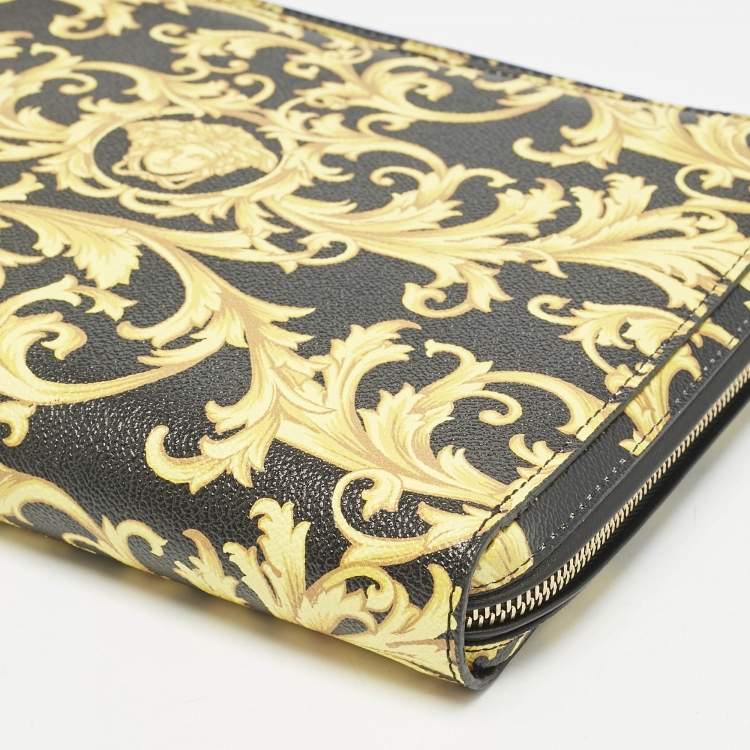 Pre Owned Versace Black/Yellow Leather Baroque Printed Zip Around iPad Case