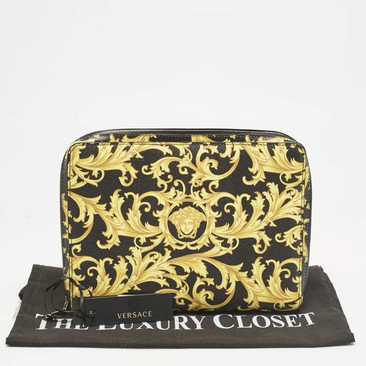 Pre Owned Versace Black/Yellow Leather Baroque Printed Zip Around iPad Case