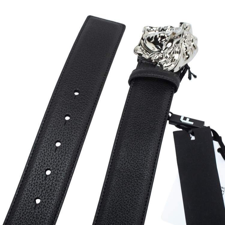 Pre Owned Versace Black Leather Medusa Buckle Belt 115CM