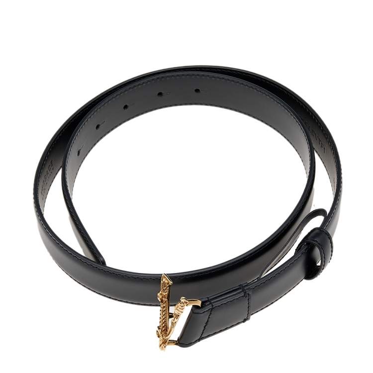 Pre Owned Versace Black Leather Virtus Waist Belt 85CM