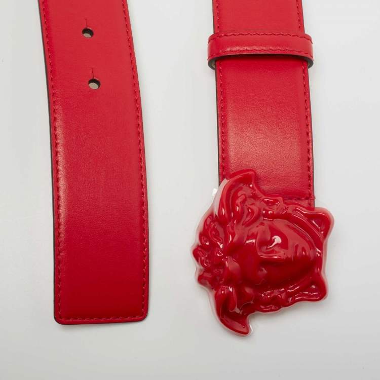 Pre Owned Versace Red Leather Medusa Buckle Belt 85CM