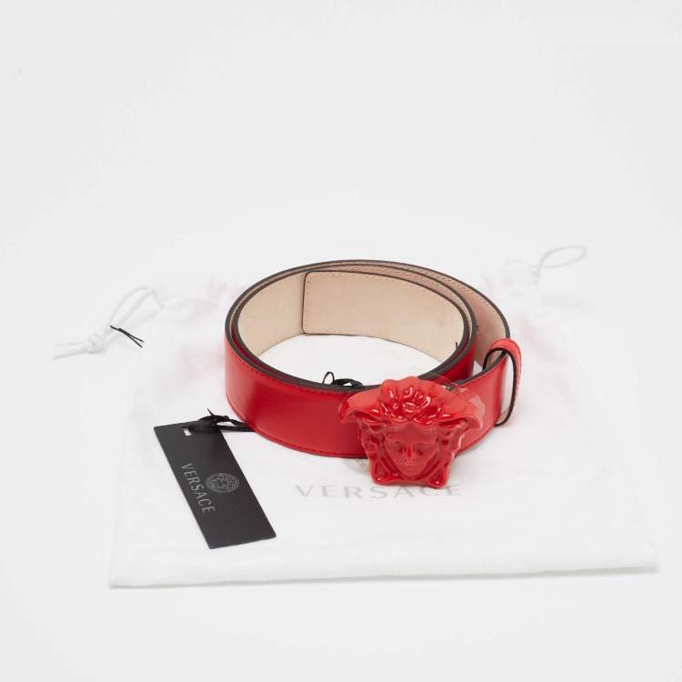 Pre Owned Versace Red Leather Medusa Buckle Belt 85CM