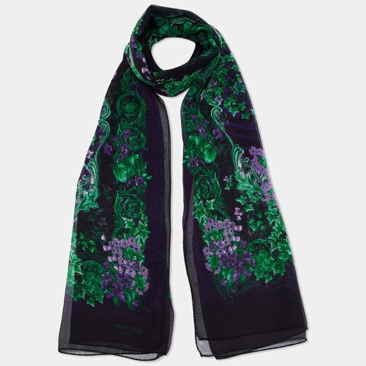 Pre Owned Versace Black & Purple Floral Print Silk Stole