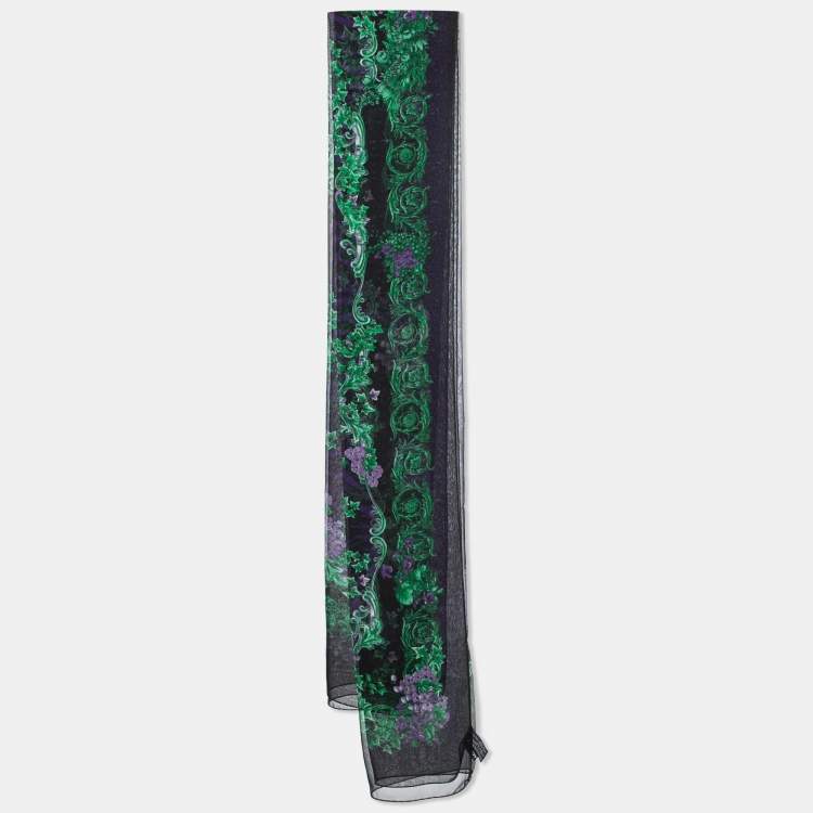 Pre Owned Versace Black & Purple Floral Print Silk Stole