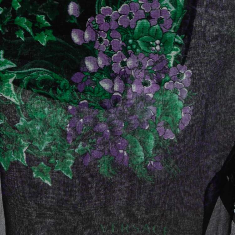 Pre Owned Versace Black & Purple Floral Print Silk Stole