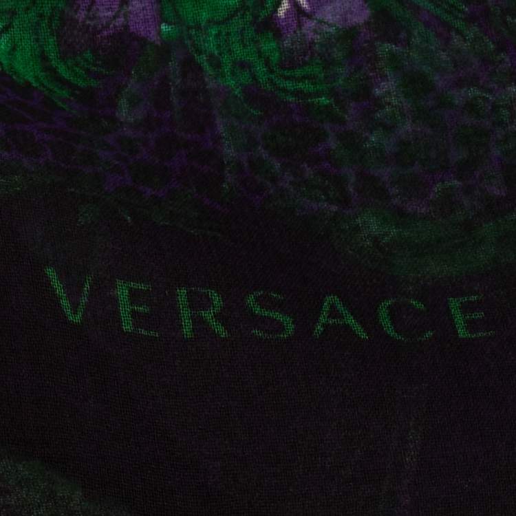 Pre Owned Versace Black & Purple Floral Print Silk Stole