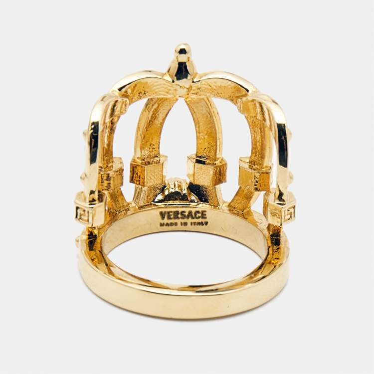 Pre Owned Versace Crown Medusa Gold Tone Ring Size 52