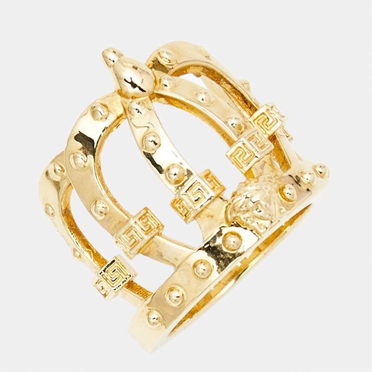 Pre Owned Versace Crown Medusa Gold Tone Ring Size 52