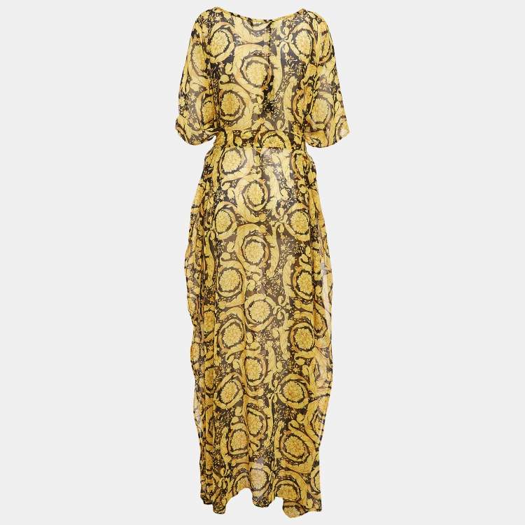 Versace Yellow Barocco Print Silk Beach Dress One Size