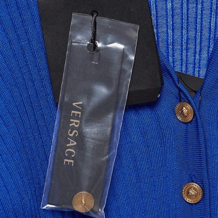 Pre Owned Versace Blue Rib Knit Wool Full Sleeves Button Detail Sweater M