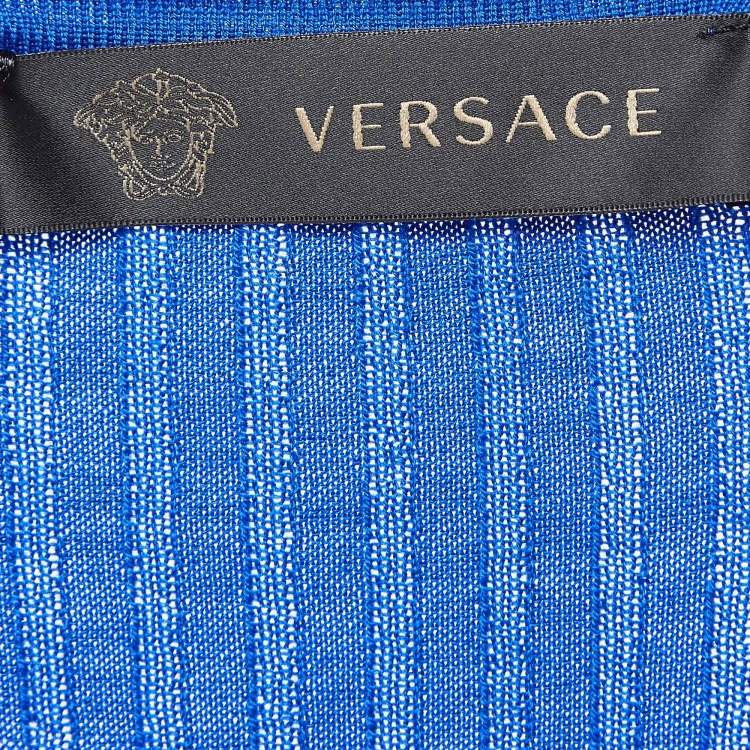 Pre Owned Versace Blue Rib Knit Wool Full Sleeves Button Detail Sweater M