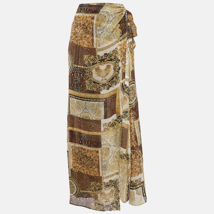 Pre Owned Gianni Versace Yellow/Black Barocco Print Silk Sarong Wrap Skirt M