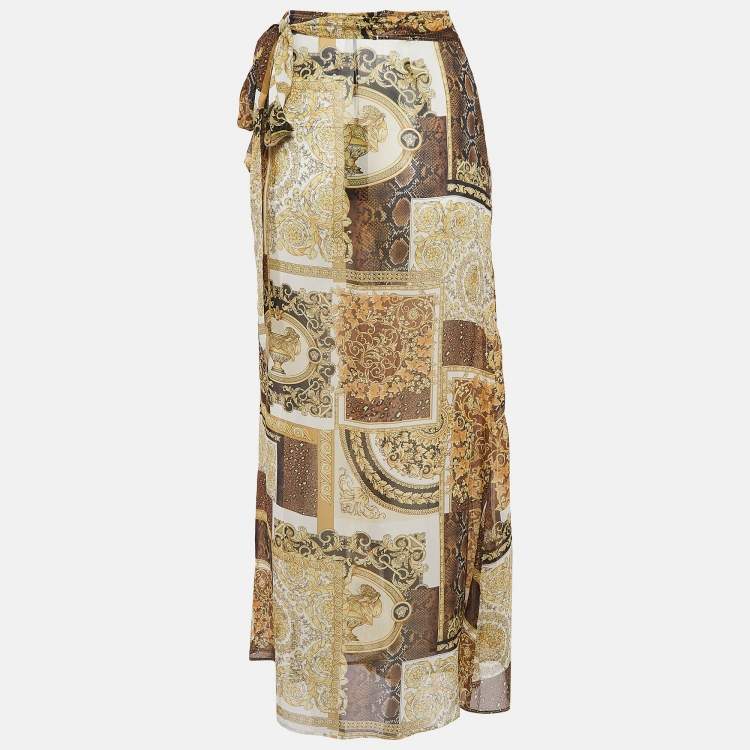 Pre Owned Gianni Versace Yellow/Black Barocco Print Silk Sarong Wrap Skirt M