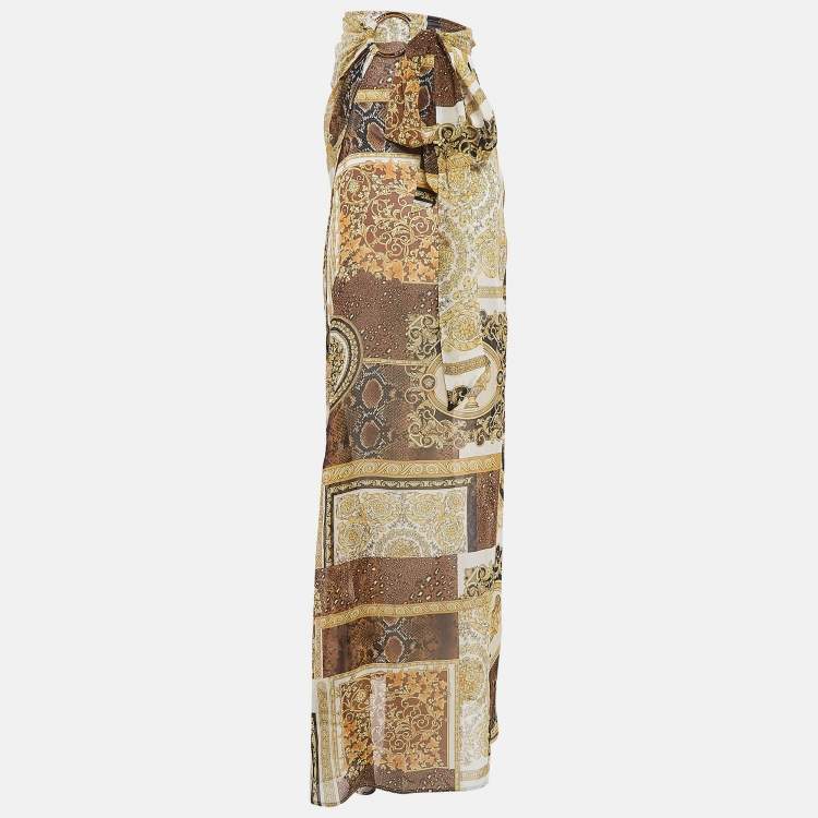 Pre Owned Gianni Versace Yellow/Black Barocco Print Silk Sarong Wrap Skirt M