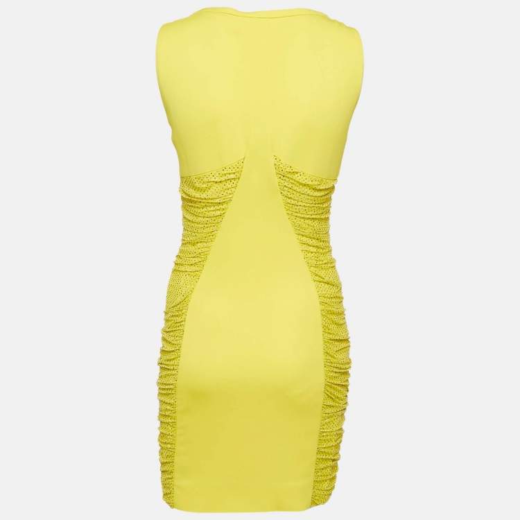 Pre Owned Versace Yellow Embellished Tulle and Jersey Ruche Mini Dress M
