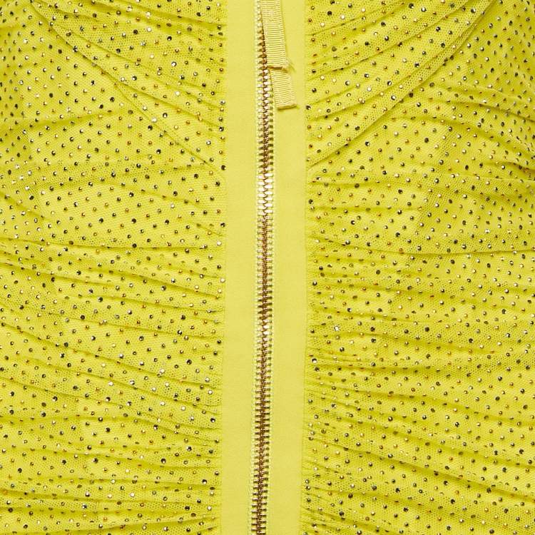 Pre Owned Versace Yellow Embellished Tulle and Jersey Ruche Mini Dress M