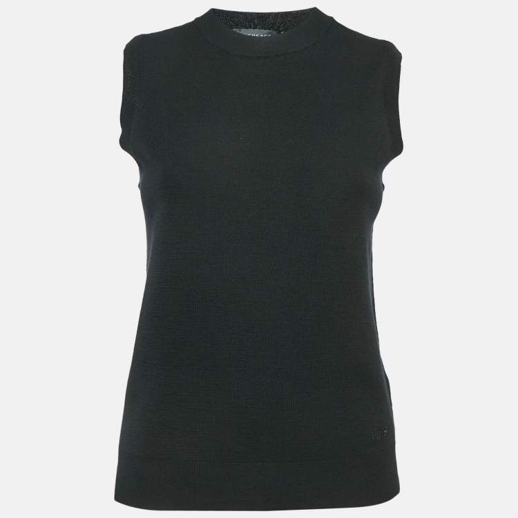 Pre Owned Versace Black Logo Embroidered Virgin Wool Sleeveless Top S