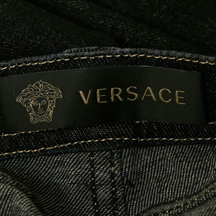 Pre Owned Versace Navy Blue Studded Denim Medusa Button Detail Jeans M Waist 28"
