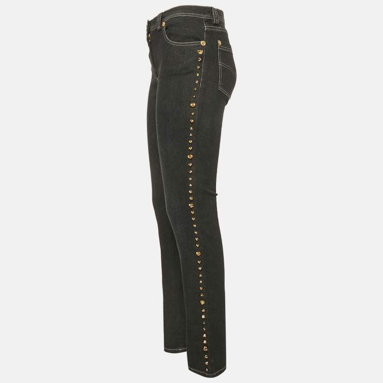 Pre Owned Versace Navy Blue Studded Denim Medusa Button Detail Jeans M Waist 28"