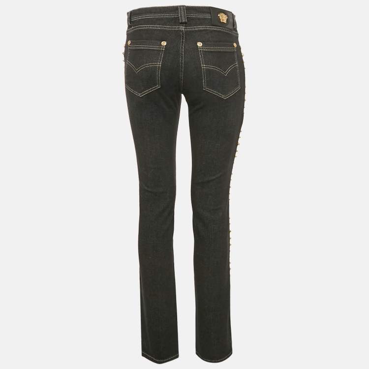 Pre Owned Versace Navy Blue Studded Denim Medusa Button Detail Jeans M Waist 28"