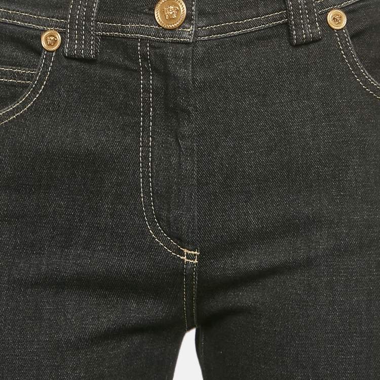 Pre Owned Versace Navy Blue Studded Denim Medusa Button Detail Jeans M Waist 28"