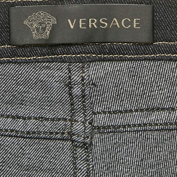 Pre Owned Versace Navy Blue Studded Denim Medusa Button Detail Jeans M Waist 28"